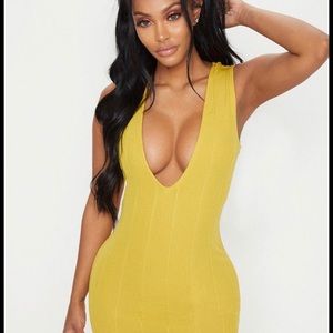 PrettyLittleThing Shape Chartreuse Plunge Dress